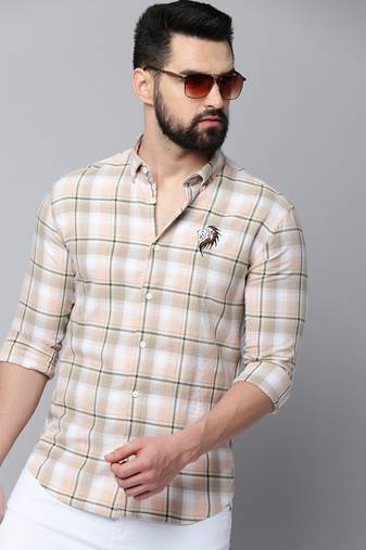 Showoff men's long sleeves tartan checks beige shirt