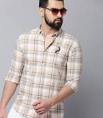 Showoff men's long sleeves tartan checks beige shirt