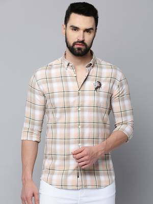 Showoff men's long sleeves tartan checks beige shirt 2