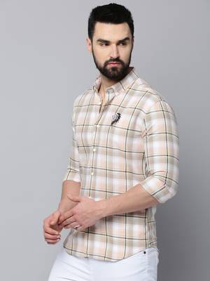 Showoff men's long sleeves tartan checks beige shirt 3