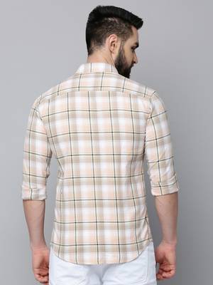 Showoff men's long sleeves tartan checks beige shirt 4
