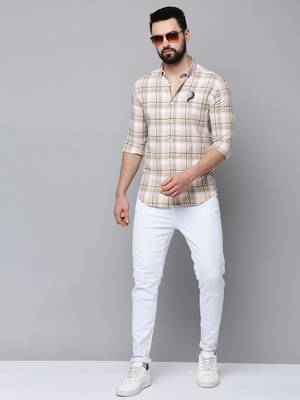 Showoff men's long sleeves tartan checks beige shirt 5