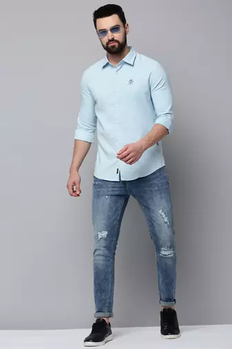 men's long sleeves solid blue shirt
