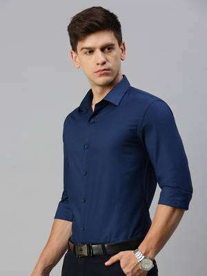 Showoff men's long sleeves textured navy blue shirt 3
