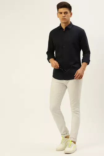 men's long sleeves solid navy blue shirt