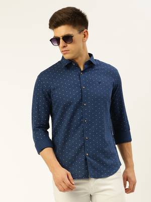 men's long sleeves geometric navy blue shirt 1