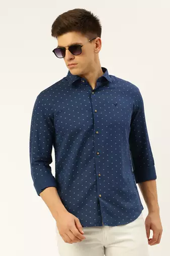 men's long sleeves geometric navy blue shirt