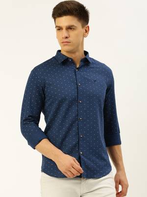 men's long sleeves geometric navy blue shirt 2