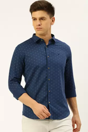 men's long sleeves geometric navy blue shirt