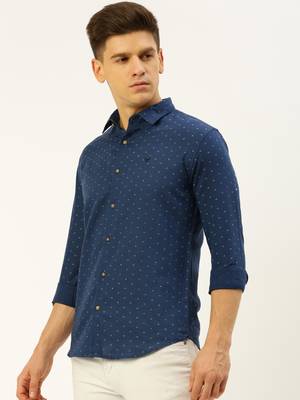 men's long sleeves geometric navy blue shirt 3