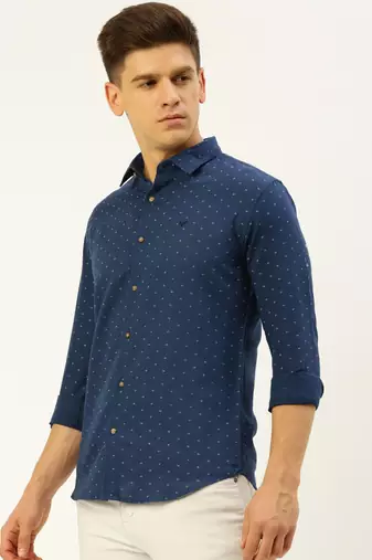 men's long sleeves geometric navy blue shirt