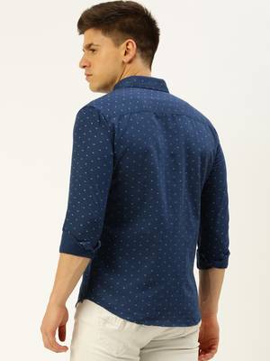 men's long sleeves geometric navy blue shirt 4