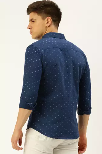 men's long sleeves geometric navy blue shirt