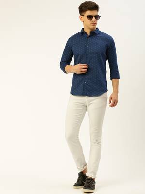 men's long sleeves geometric navy blue shirt 5