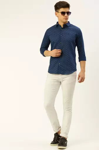 men's long sleeves geometric navy blue shirt