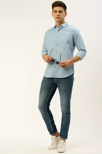 men's long sleeves geometric blue shirt