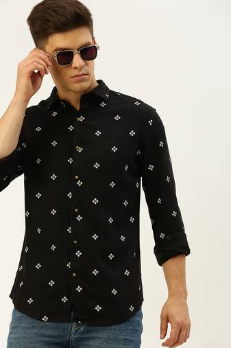 men's long sleeves ethnic motifs black shirt