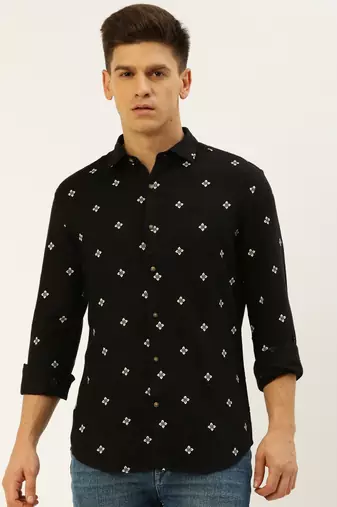 men's long sleeves ethnic motifs black shirt