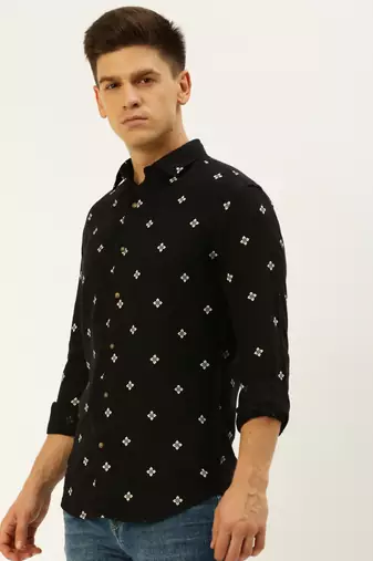 men's long sleeves ethnic motifs black shirt