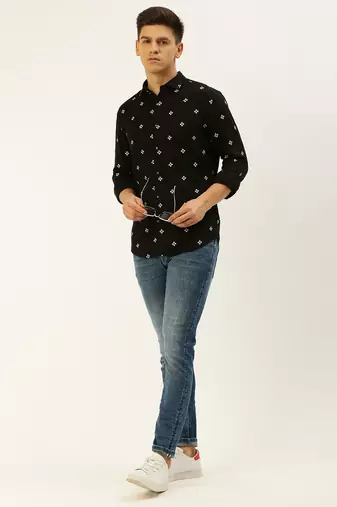 men's long sleeves ethnic motifs black shirt