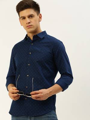 men's long sleeves polka dots navy blue shirt 1