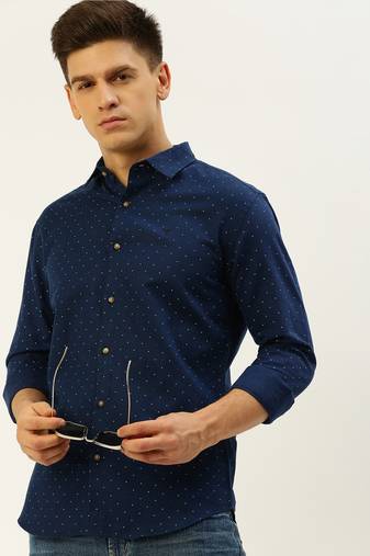 men's long sleeves polka dots navy blue shirt