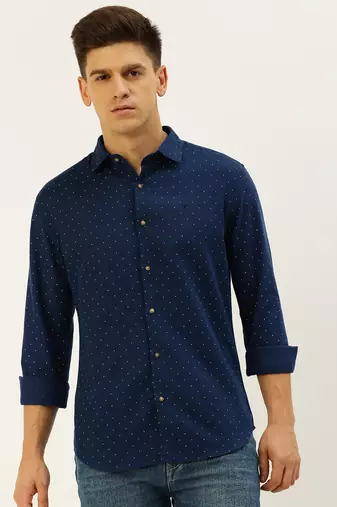 men's long sleeves polka dots navy blue shirt