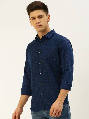 men's long sleeves polka dots navy blue shirt 3