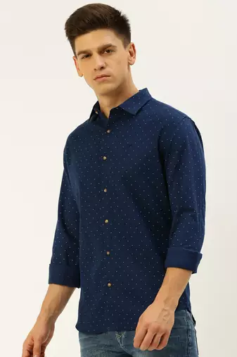 men's long sleeves polka dots navy blue shirt