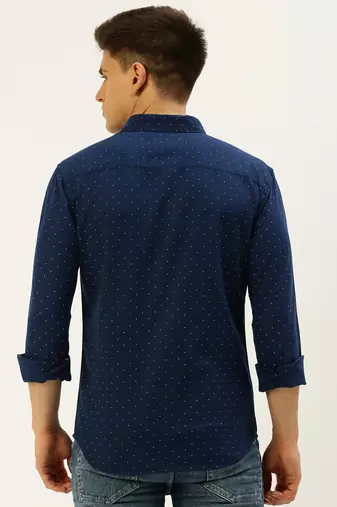 men's long sleeves polka dots navy blue shirt