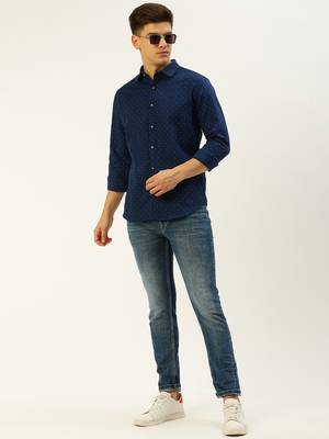 men's long sleeves polka dots navy blue shirt 5