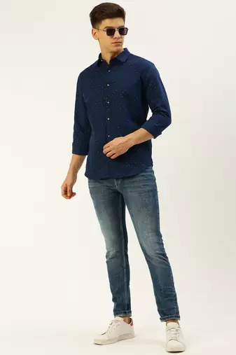 men's long sleeves polka dots navy blue shirt