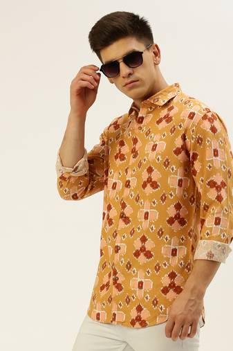 men's long sleeves abstract mustard shirt