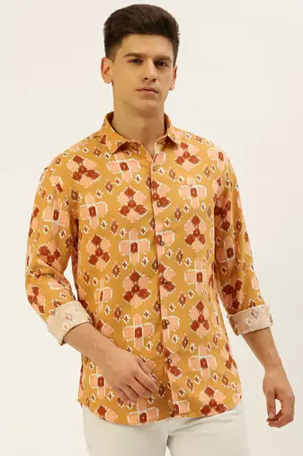 men's long sleeves abstract mustard shirt