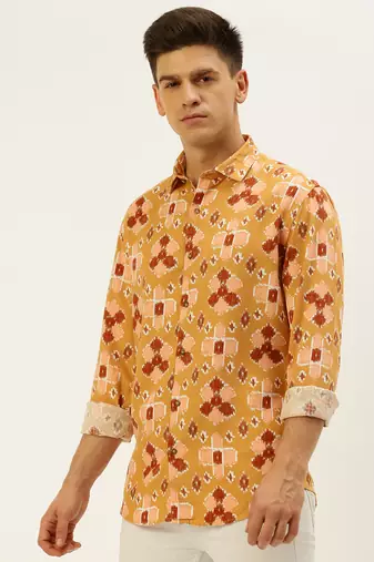 men's long sleeves abstract mustard shirt