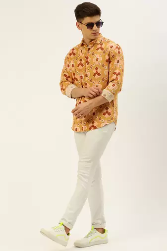 men's long sleeves abstract mustard shirt