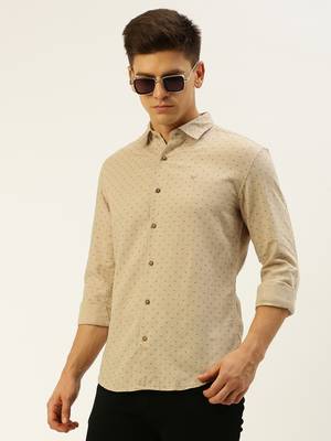 men's long sleeves geometric beige shirt 1