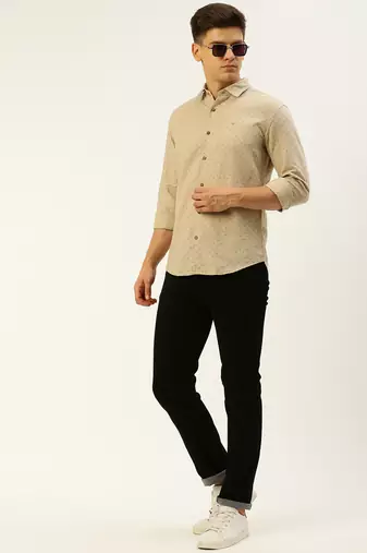 men's long sleeves geometric beige shirt