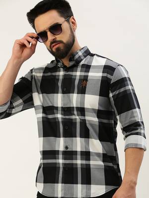 Showoff men's long sleeves gingham checks black shirt 1