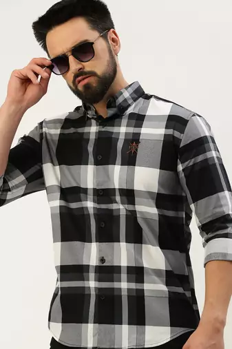 Showoff men's long sleeves gingham checks black shirt
