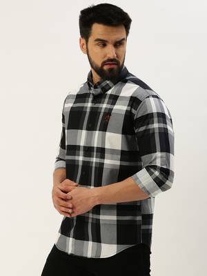 Showoff men's long sleeves gingham checks black shirt 3