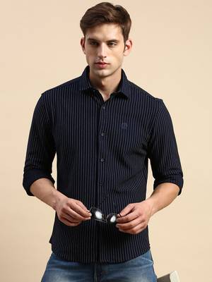 Showoff men's long sleeves vertical stripes navy blue shirt 1