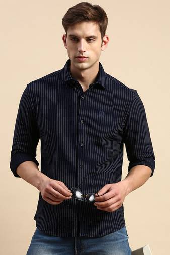 Showoff men's long sleeves vertical stripes navy blue shirt