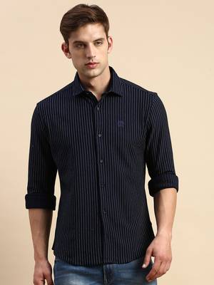 Showoff men's long sleeves vertical stripes navy blue shirt 2