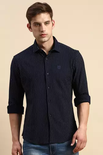 Showoff men's long sleeves vertical stripes navy blue shirt