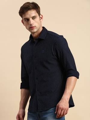 Showoff men's long sleeves vertical stripes navy blue shirt 3