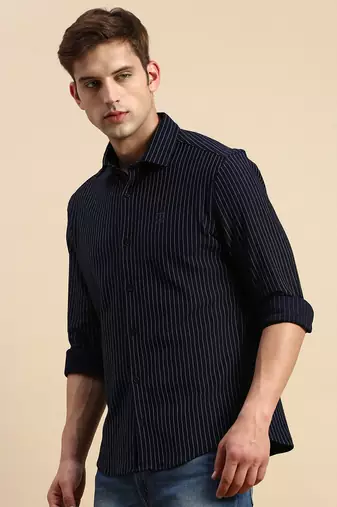 Showoff men's long sleeves vertical stripes navy blue shirt