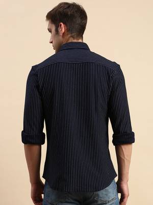 Showoff men's long sleeves vertical stripes navy blue shirt 4