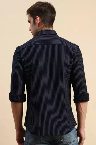 Showoff men's long sleeves vertical stripes navy blue shirt