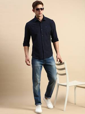 Showoff men's long sleeves vertical stripes navy blue shirt 5